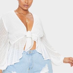 PrettyLittleThing White Polka Dot Tie-Front Blouse